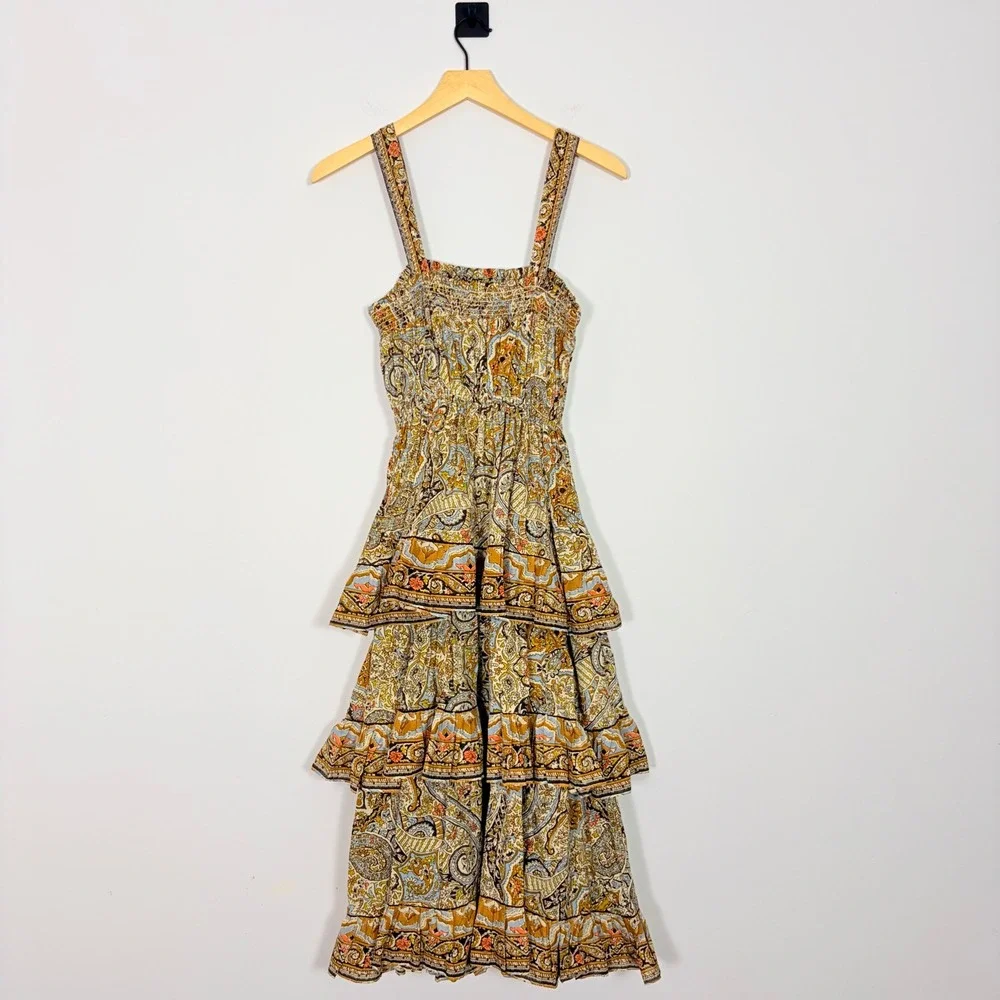 Cleobella Rosalie Midi Dress Kaleidoscope‎ Paisley Organic Cotton XS Boho Tiered